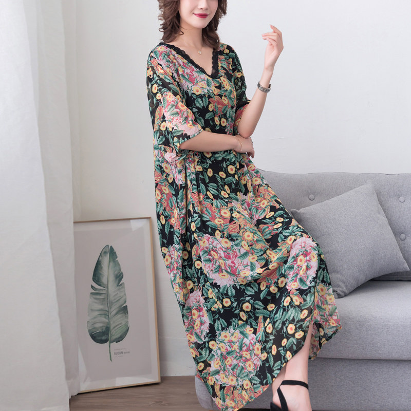 パーティードレス 花柄ボタニカル五分袖ゆったりロング丈ワンピース