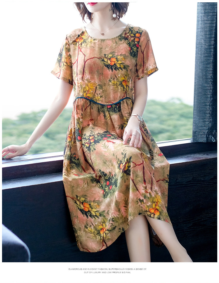 パーティードレス 花柄プリント半袖ウエスト切替ミディ丈ワンピース