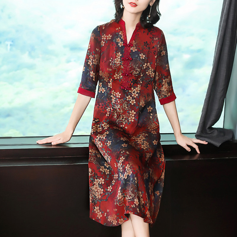 パーティードレス 和モダン花柄シフォン七分袖ワンピース