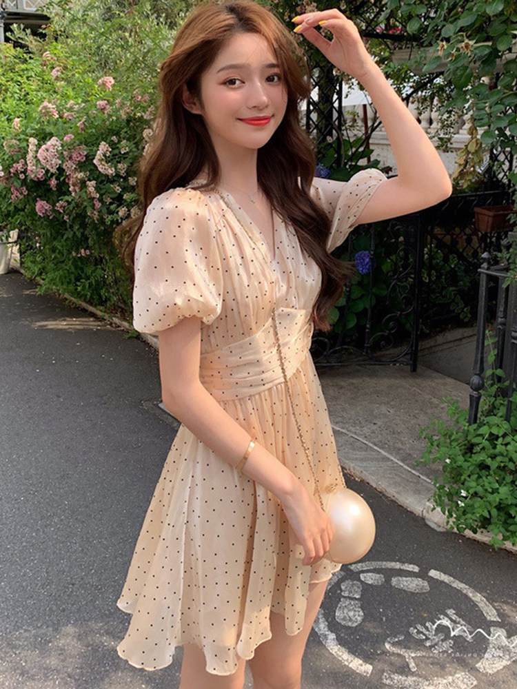 パーティードレス 星空ドット刺繍チュールパフスリーブワンピース