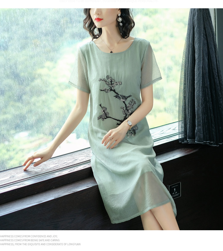 パーティードレス 梅花刺繍入り半袖シフォン膝丈ワンピース