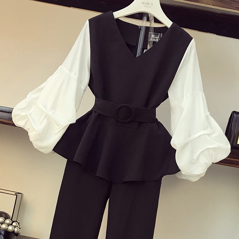 パーティードレス バルーン袖ペプラムトップスとパンツのセットアップ