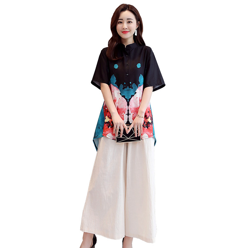 パーティードレス 水彩花柄チャイナ風ブラウスワイドパンツセットアップ