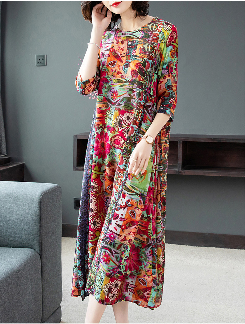 パーティードレス 華やかな花柄プリント七分袖ロング丈ワンピース