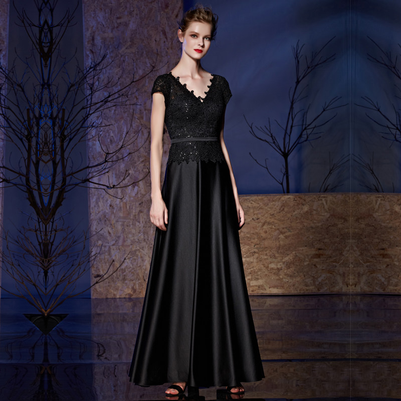 パーティードレス スパンコール刺繍レース袖サテンロング丈ワンピース