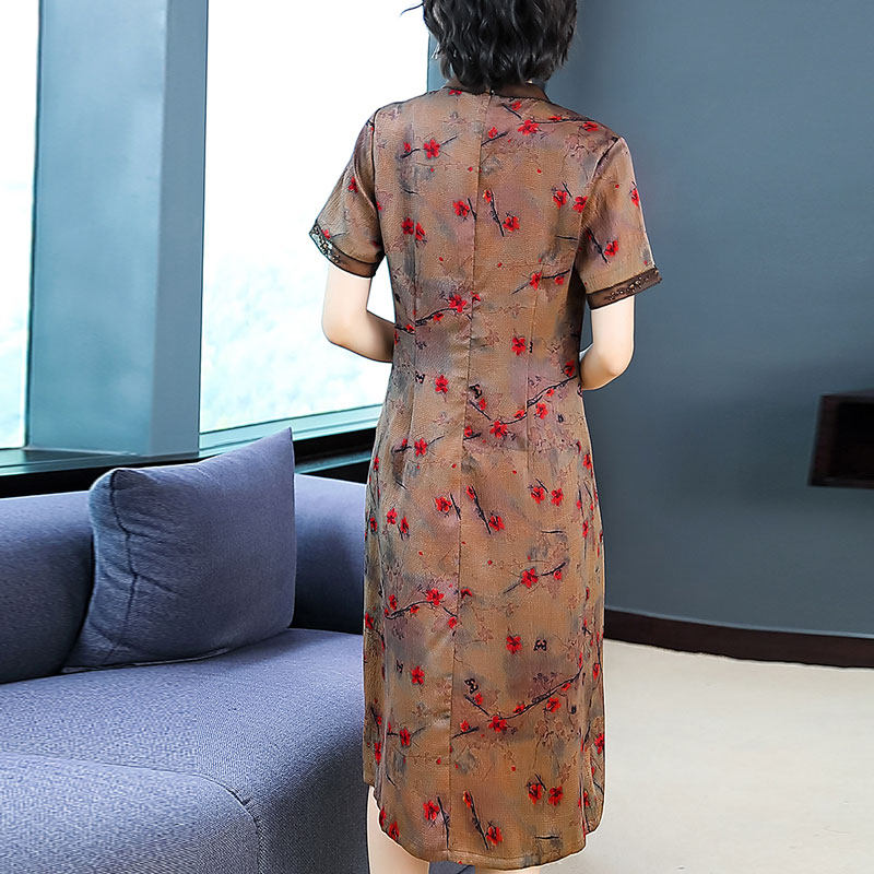 パーティードレス 花柄刺繍シースルー半袖膝丈ワンピース