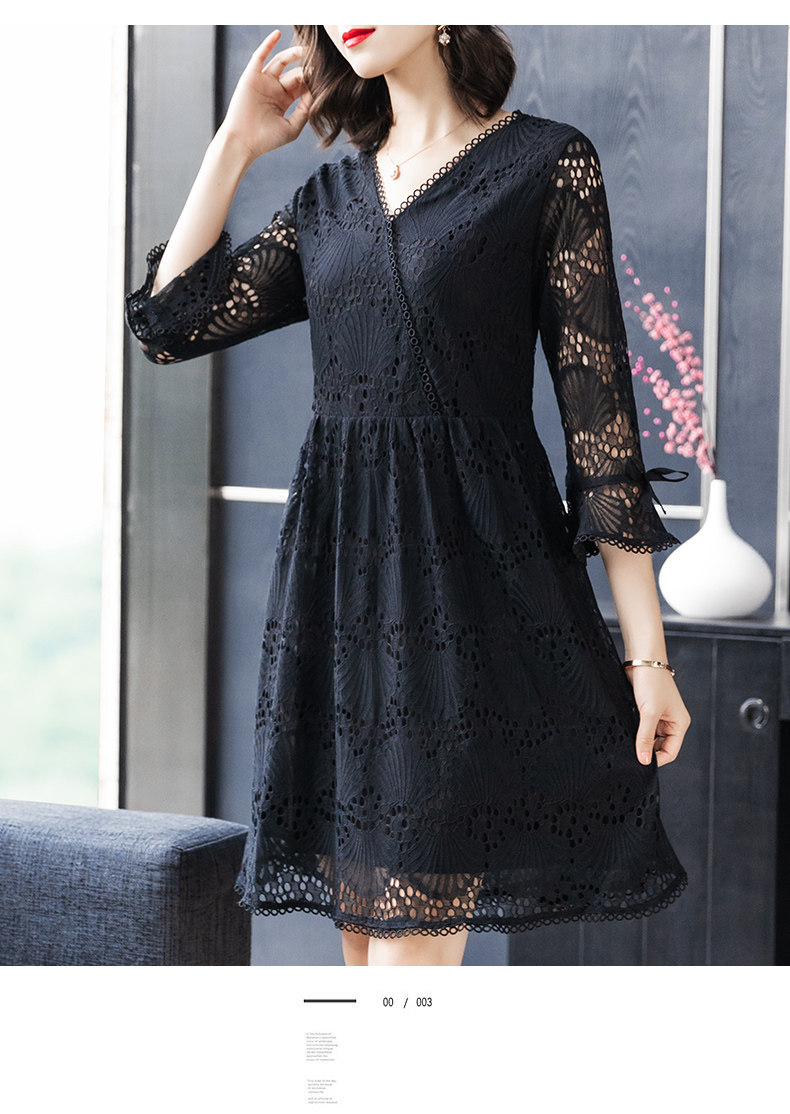 パーティードレス 総レース刺繍フレア袖Vネックワンピース
