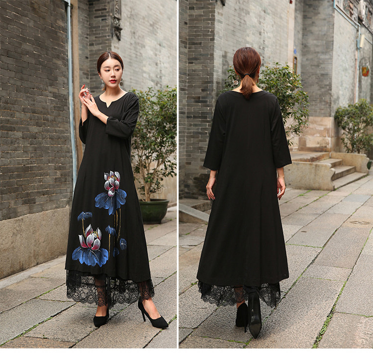 パーティードレス 蓮の花刺繍レース裾重ね着風長袖ワンピース
