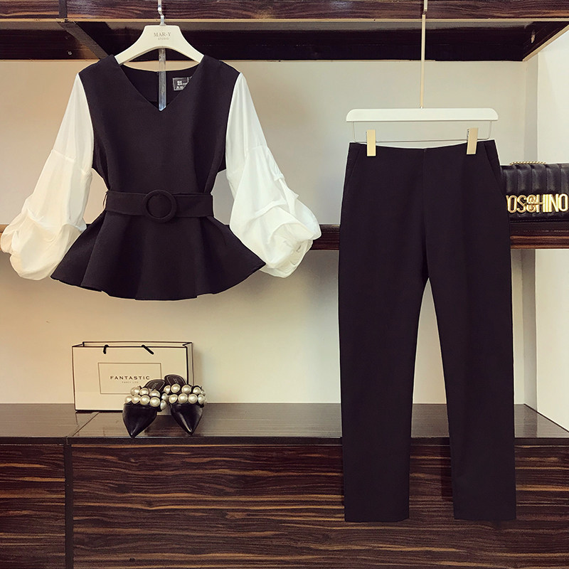 パーティードレス バルーン袖ペプラムトップスとパンツのセットアップ