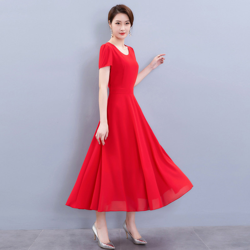 パーティードレス パフスリーブ丸首フレア裾ミモレ丈ワンピース