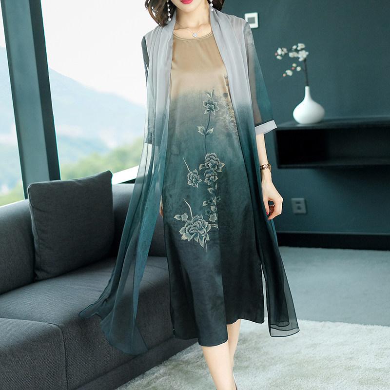 パーティードレス シフォンショール付き花刺繍ミディ丈ワンピース