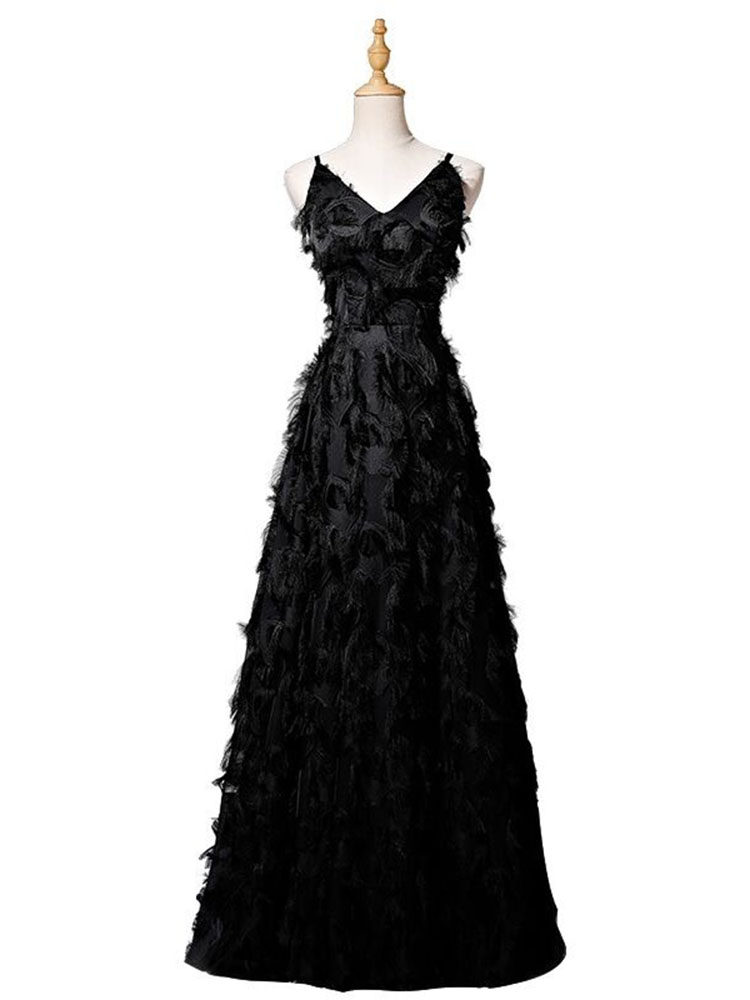 パーティードレス 立体フリンジ装飾キャミソール丈長ワンピース