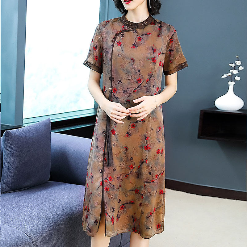 パーティードレス 花柄刺繍シースルー半袖膝丈ワンピース