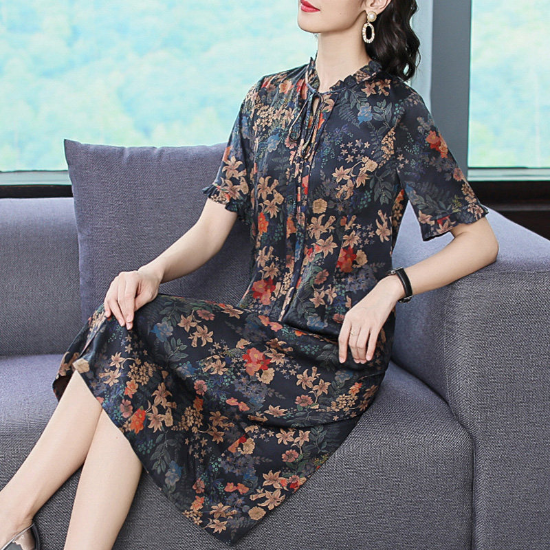 パーティードレス レトロ花柄シフォン五分袖リボン付きワンピース