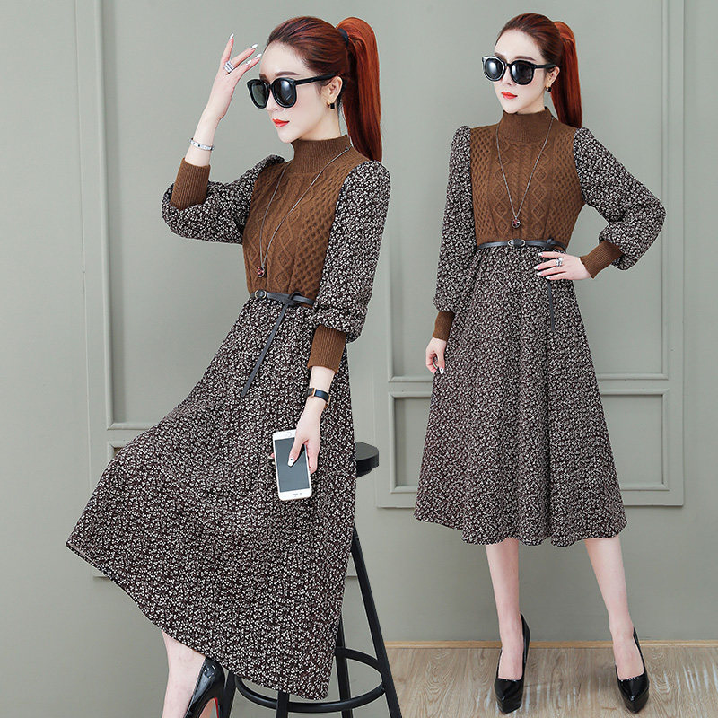 パーティードレス 小花柄切替ニット使いハイネック長袖ワンピース