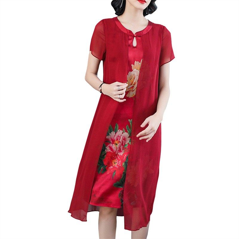 パーティードレス 大輪花柄シフォン切替半袖膝丈ワンピース