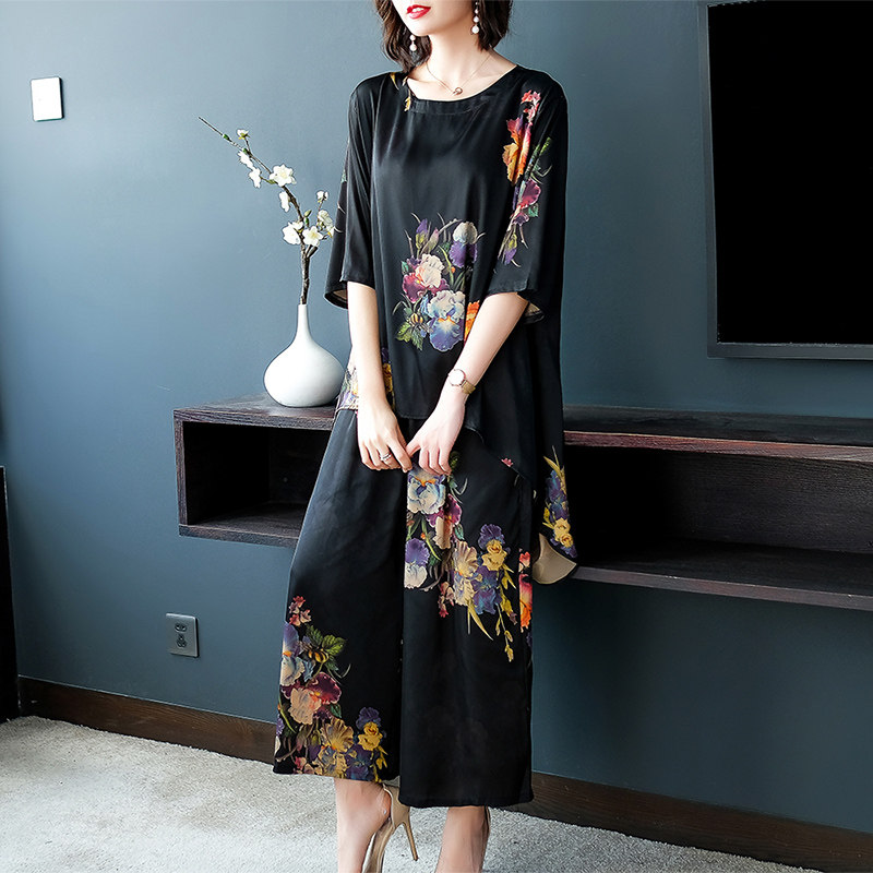 パーティードレス 華麗な花柄刺繍の七分袖ゆったりロングワンピース