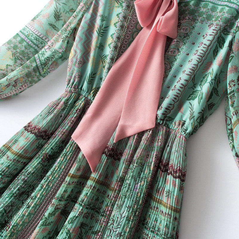 パーティードレス リボンタイ付きボタニカル柄プリーツロングワンピース