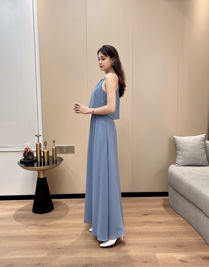 パーティードレス ホルターネック風深Vネックロング丈ワンピース