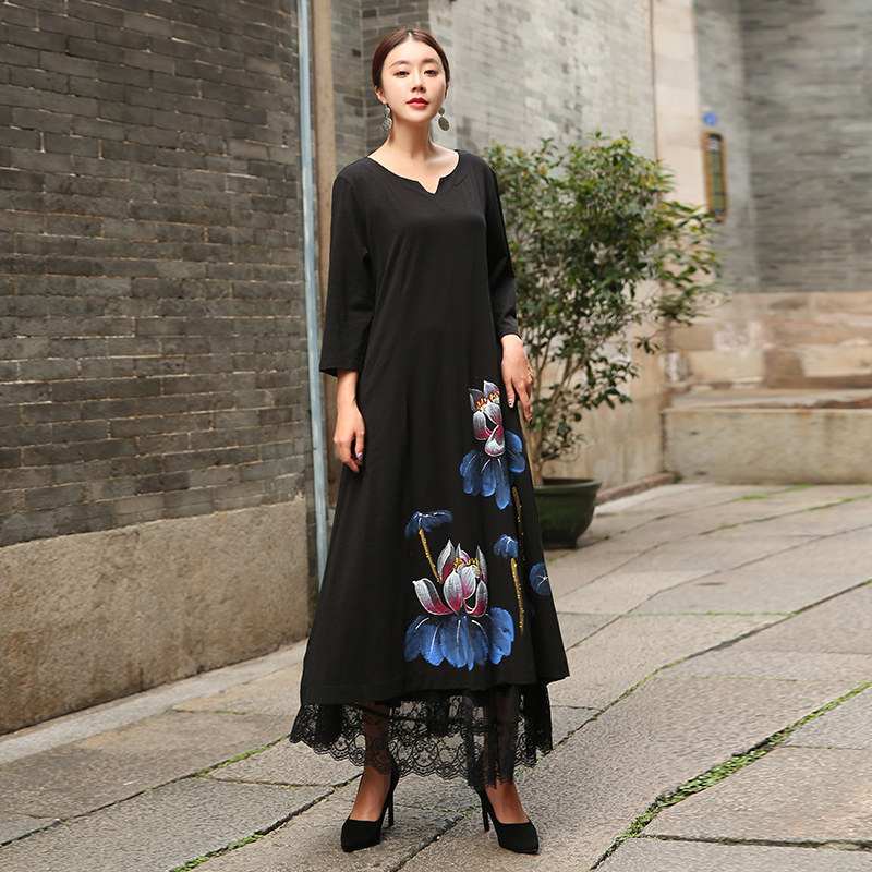 パーティードレス 蓮の花刺繍レース裾重ね着風長袖ワンピース