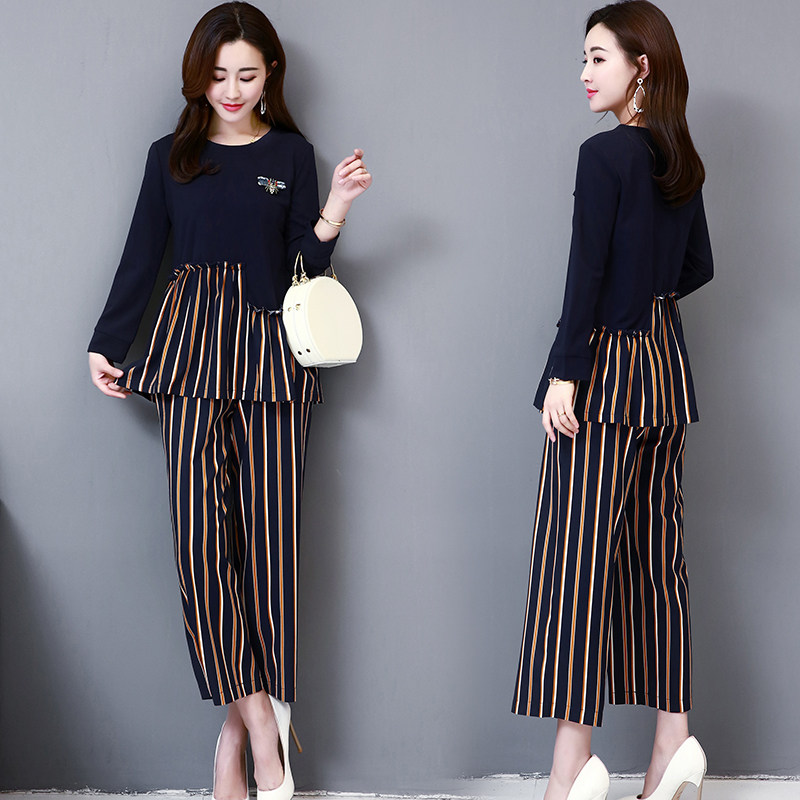 パーティードレス ビジュー付き長袖トップスとストライプパンツの二点セット