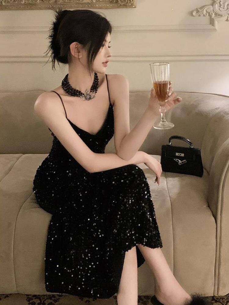 パーティードレス 華やかスパンコール全面装飾キャミソールロングワンピース