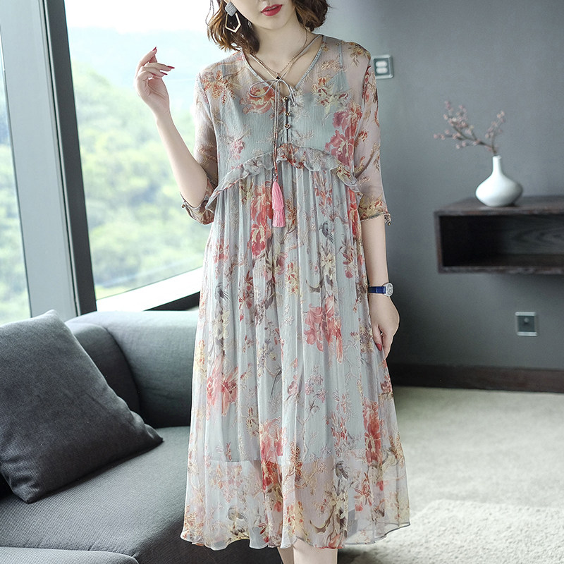 パーティードレス 花柄シフォン素材エレガント膝丈ワンピース