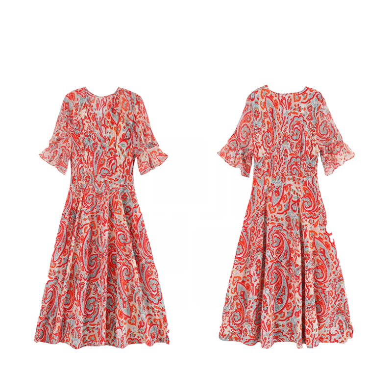 パーティードレス ペイズリー柄フレア袖五分袖ウエストマーク膝丈ワンピース