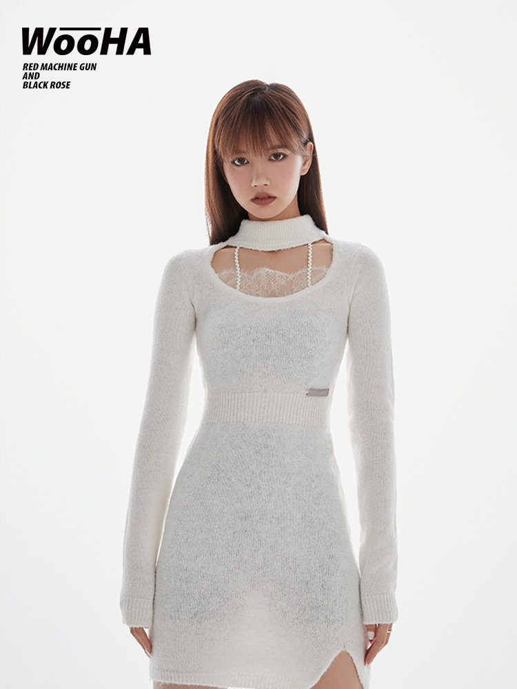 パーティードレス タートルネック切替ニットミニ丈ワンピース