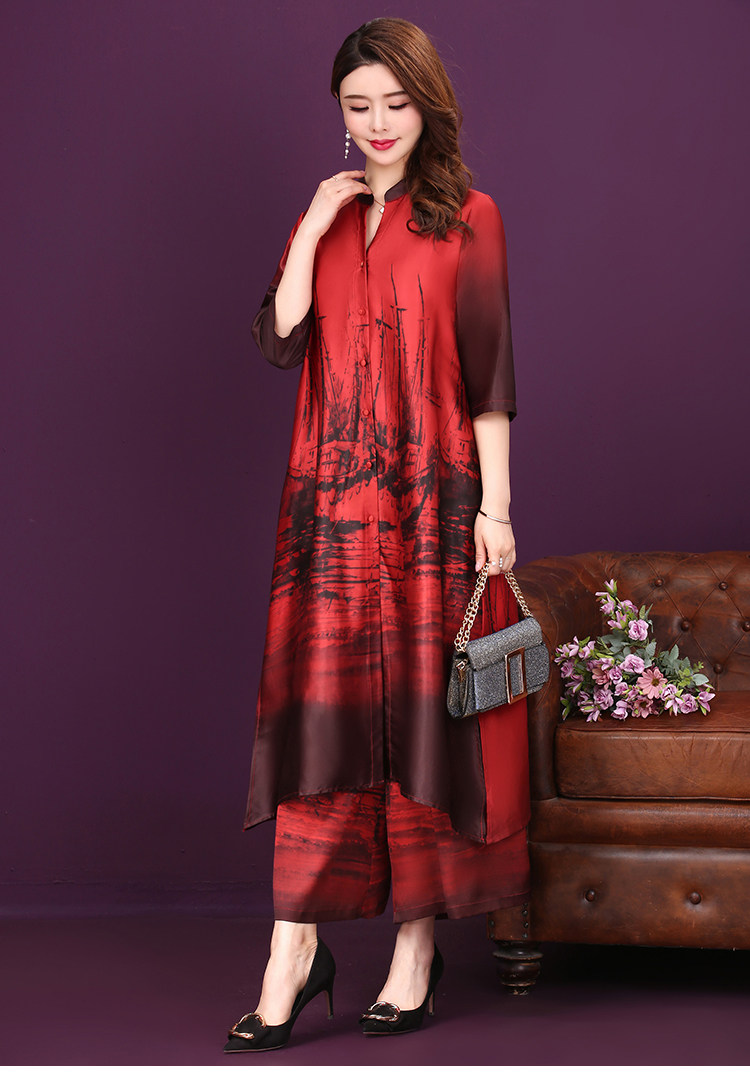 パーティードレス 東洋風景画プリント五分袖ロング丈ワンピース