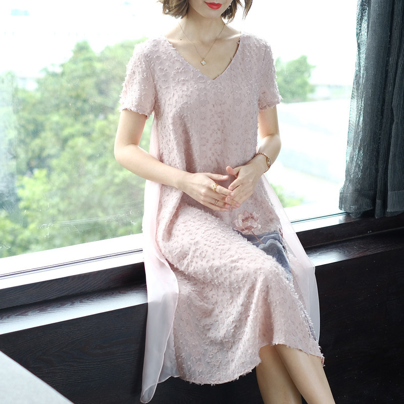 パーティードレス 花鳥刺繍シフォン重ね襟付きワンピース