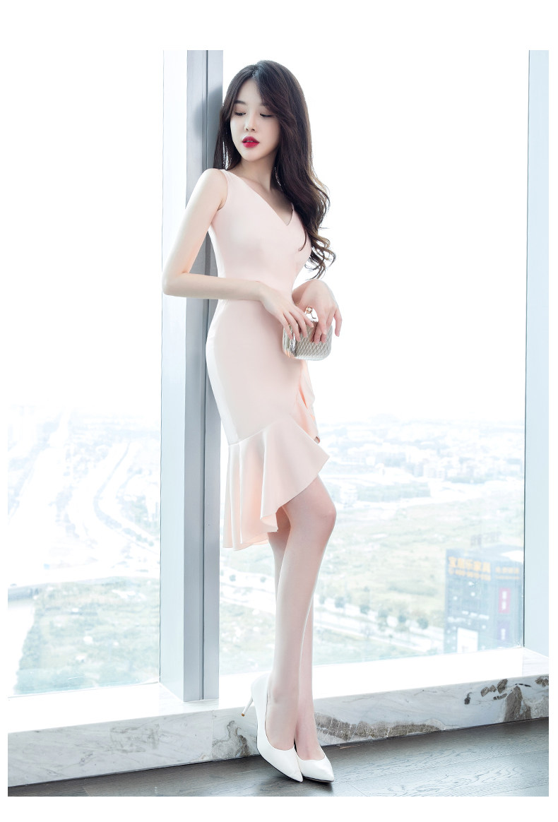 パーティードレス 非対称フリルヘム深襟ノースリーブワンピース