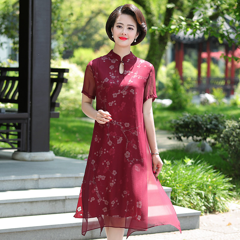 パーティードレス 梅花刺繍チャイナ風半袖ワンピース