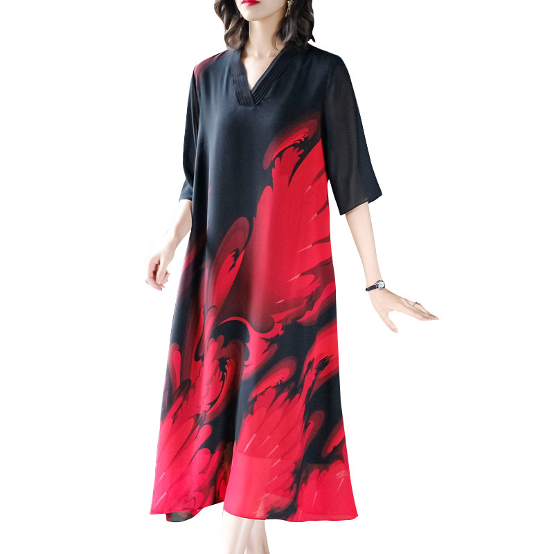 パーティードレス 和風抽象柄五分袖深襟ロング丈ワンピース