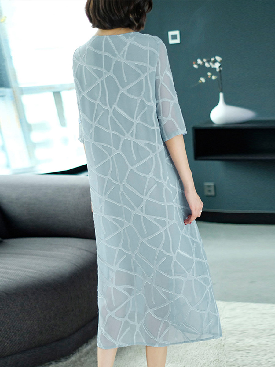 パーティードレス 幾何学模様シフォン五分袖ロングワンピース