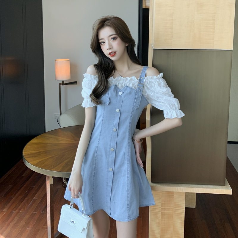 パーティードレス オフショルダーフリル袖デニム風ワンピース