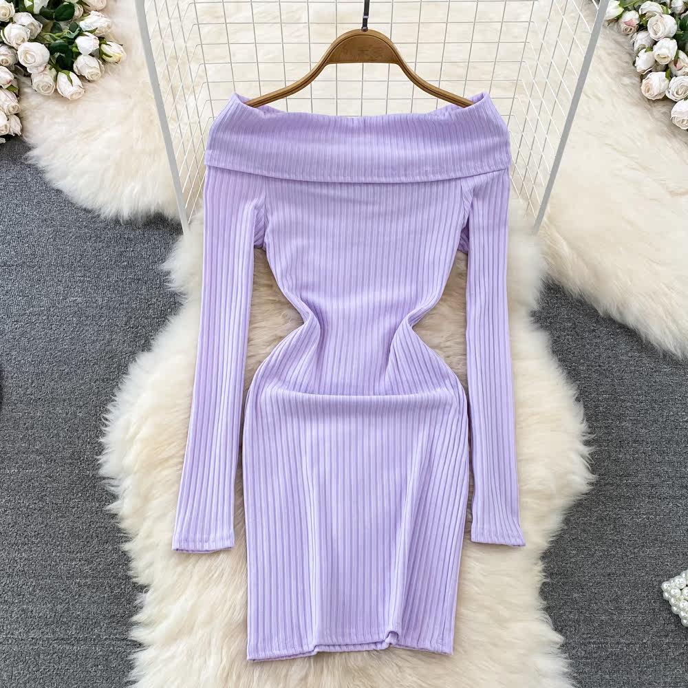 パーティードレス オフショルダーリブニットタイトワンピース