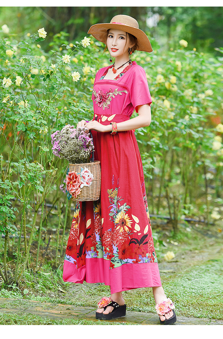 パーティードレス 花柄刺繍エスニック風ロング丈パーティードレス