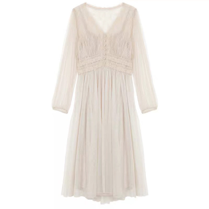 パーティードレス シアー袖レース切替ハイウエストロングワンピース