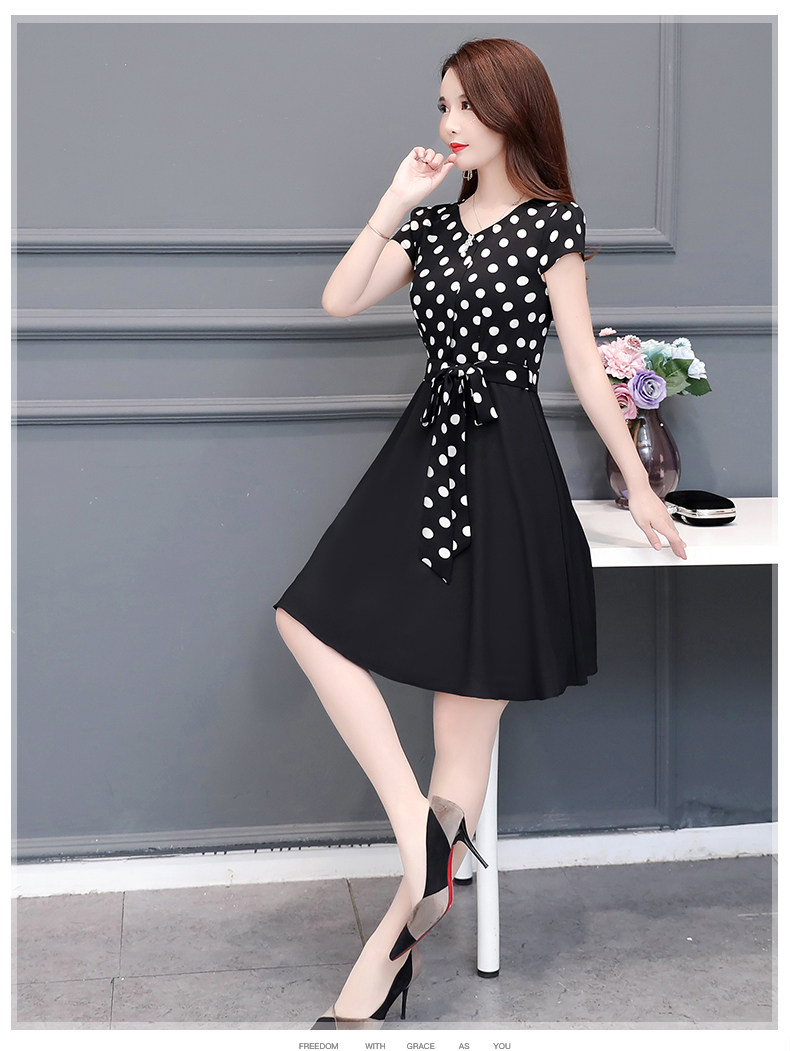 パーティードレス 水玉柄切替フレア袖付きリボンベルトワンピース