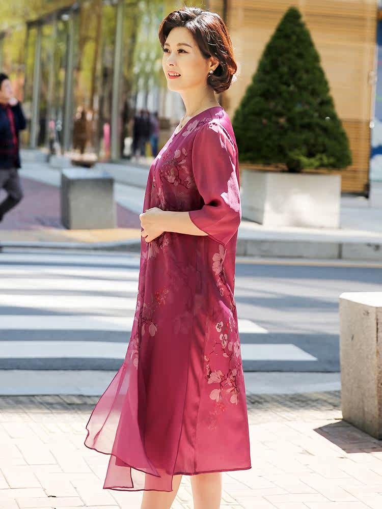 パーティードレス 花柄プリント五分袖シフォン重ね着風膝丈ワンピース