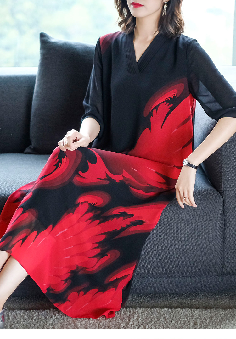 パーティードレス 和風抽象柄五分袖深襟ロング丈ワンピース