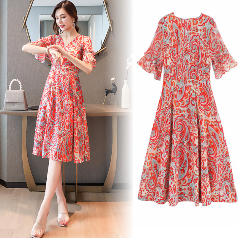 パーティードレス ペイズリー柄フレア袖五分袖ウエストマーク膝丈ワンピース
