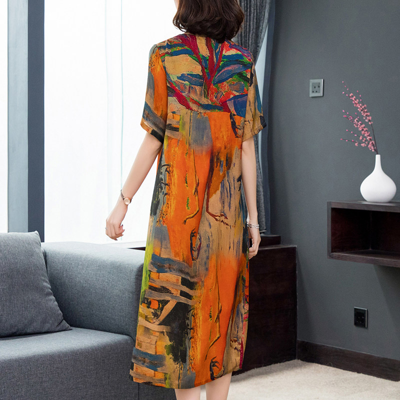 パーティードレス 絵画風抽象柄ゆったりシルエット半袖ワンピース