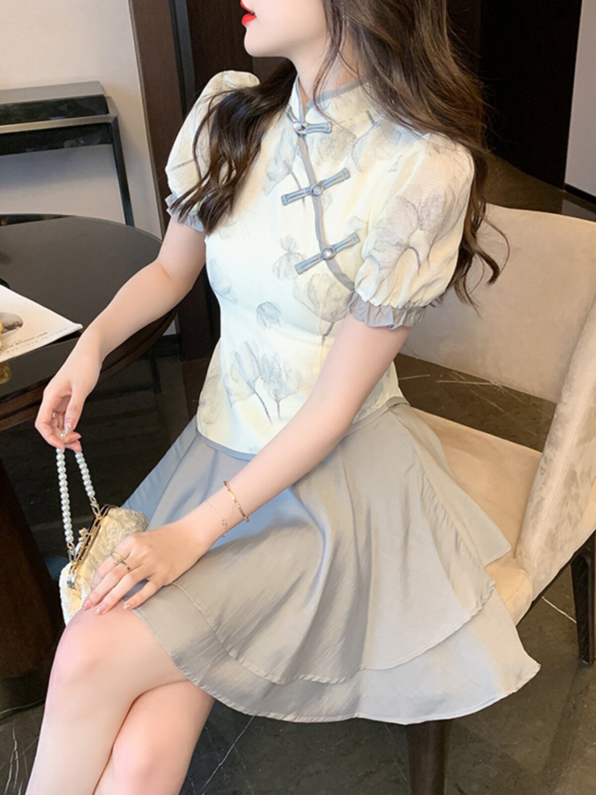 パーティードレス チャイナ風ボタン装飾シフォンフレアワンピース