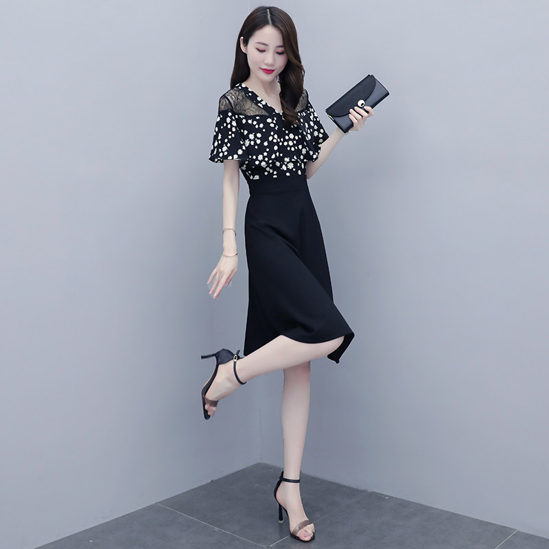 パーティードレス 花柄レース切替フレア袖ミディ丈ワンピース