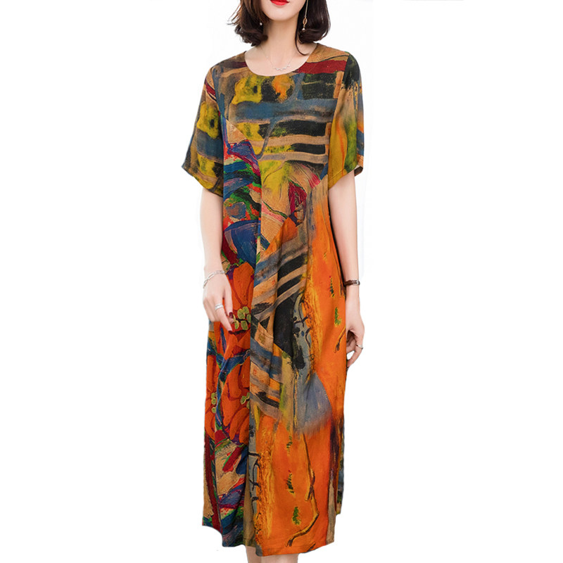 パーティードレス 絵画風抽象柄ゆったりシルエット半袖ワンピース