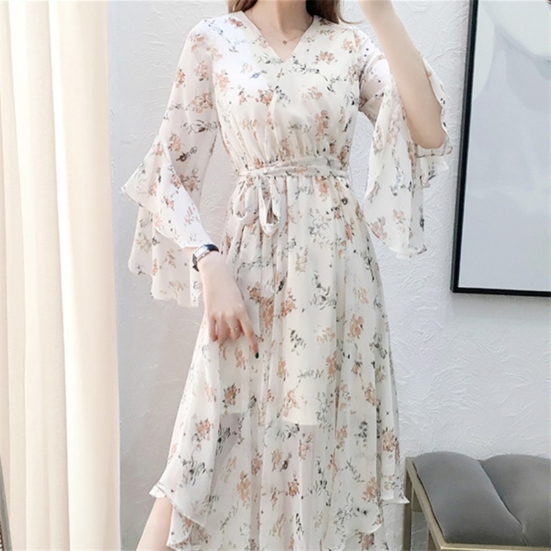 パーティードレス 小花柄シフォンフレア袖ウエストリボンワンピース