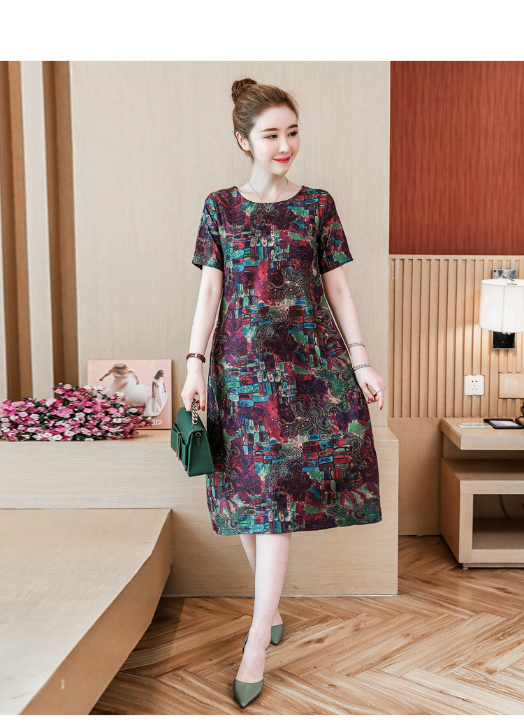 パーティードレス 抽象柄プリント半袖ゆったりミディ丈ワンピース