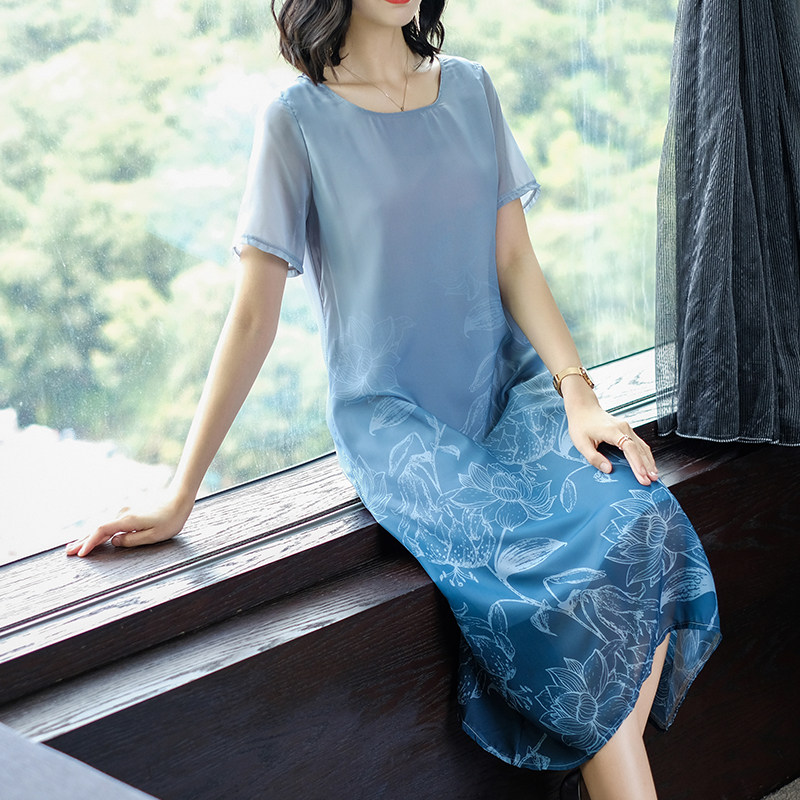 パーティードレス 花柄刺繍シフォン袖切替ゆったりシルエットワンピース